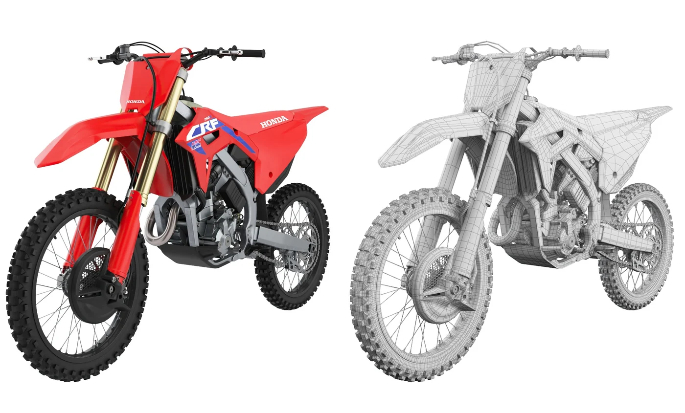 Motociklo 3D modelis ir wireframe vaizdas